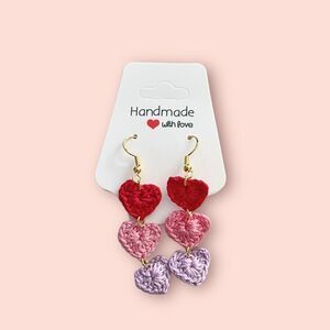 Hand Crafted Crochet Hearts Earrings Fish Hook Softgirl valentines